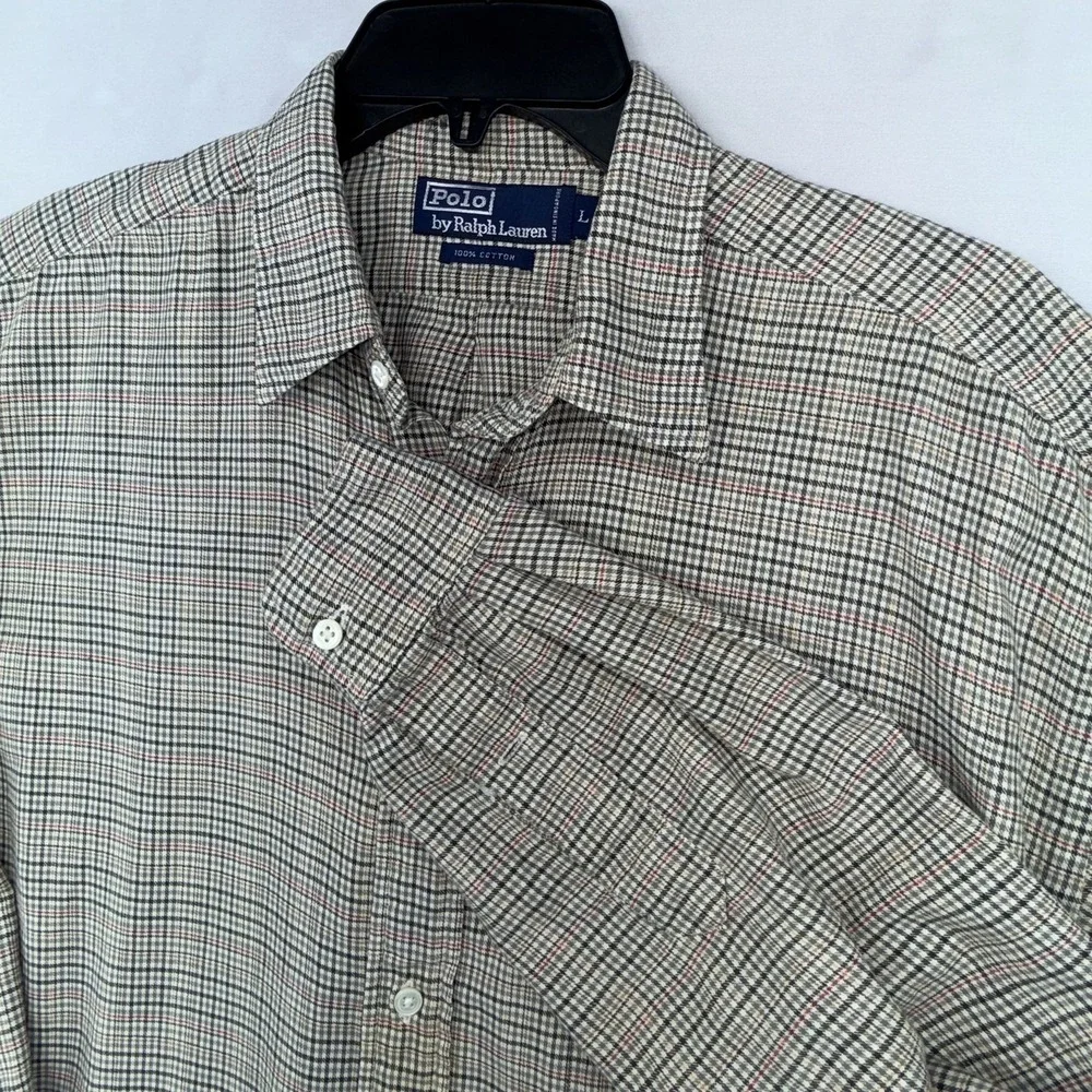 Polo Ralph Lauren Shirt Mens L Tan Olive Plaid Check Classic Fit Long Sleeve Y2K